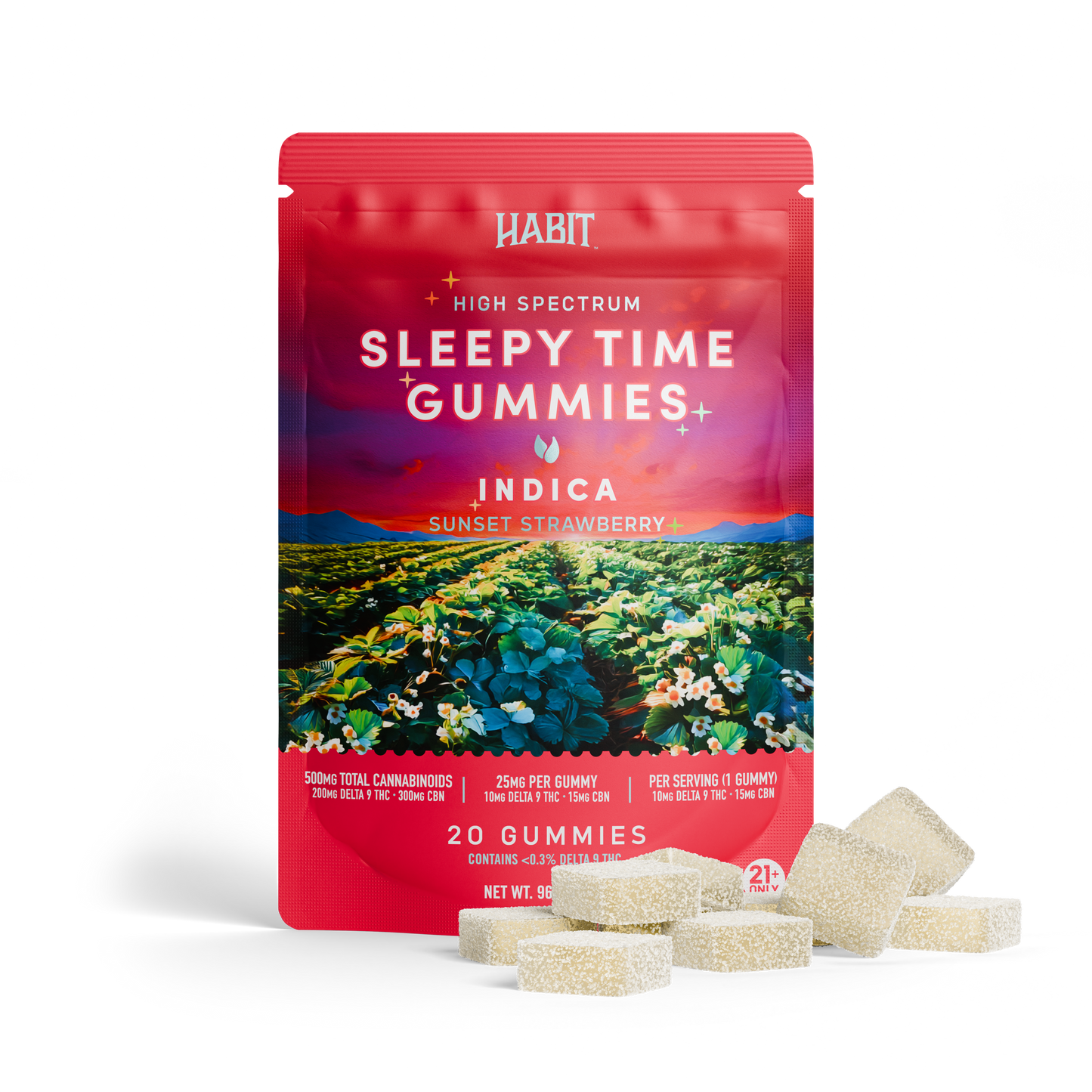 Packaging of Habit Sleepy Time Gummies with gummies in front on a white background