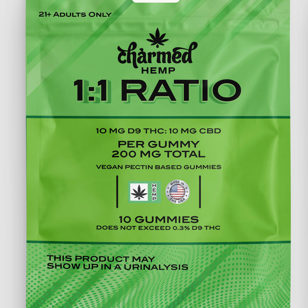 Green package of CBD and THC 1:1 Ratio  gummies with text and graphics.