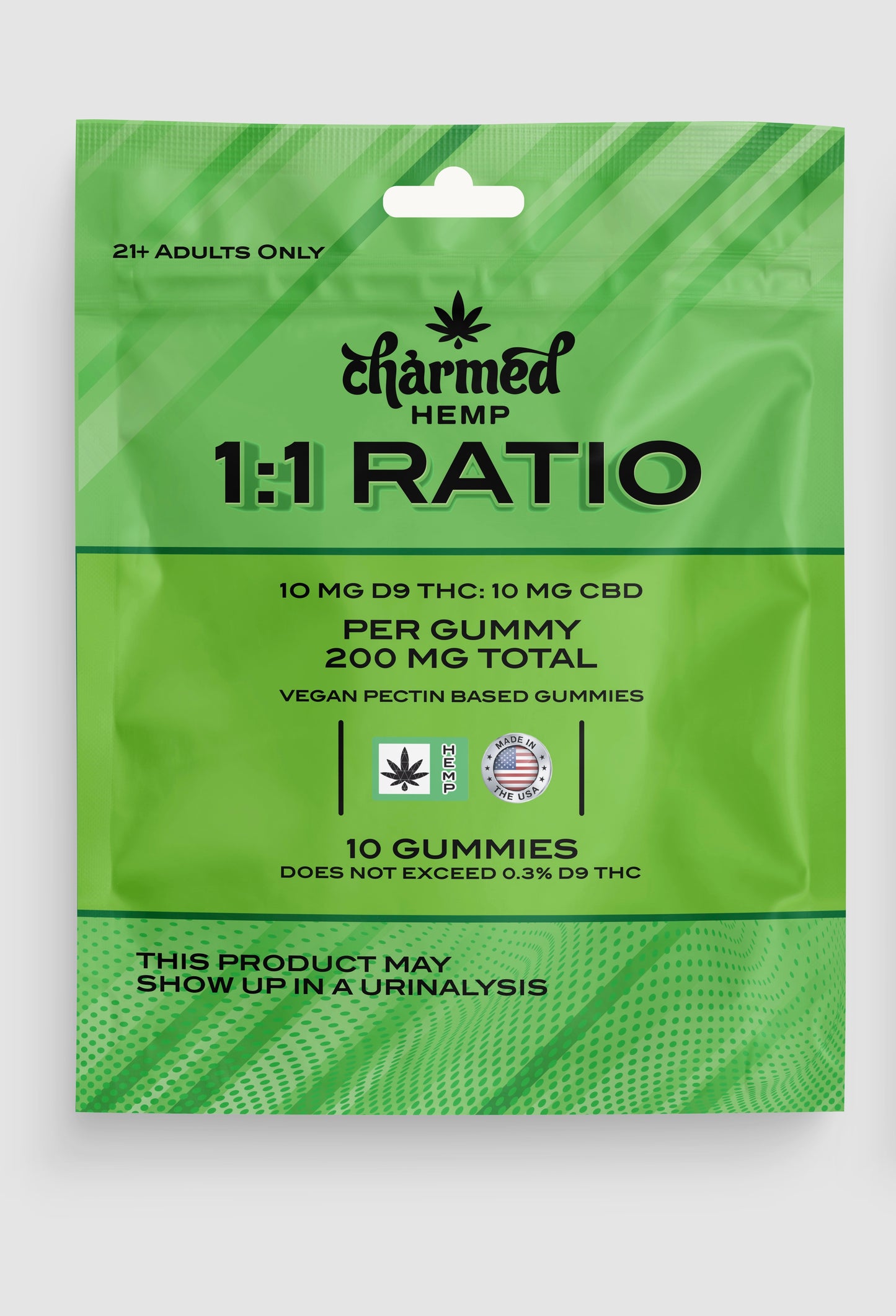 Green package of CBD and THC 1:1 Ratio  gummies with text and graphics.