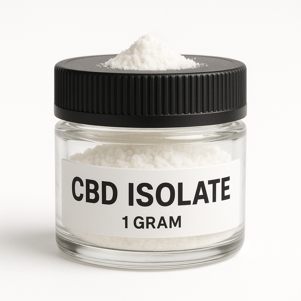 Jar of CBD Isolate powder with a black lid on a white background