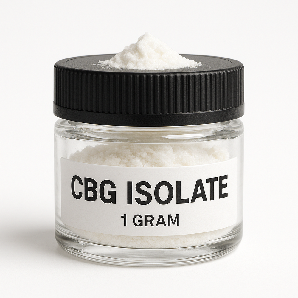 Jar of CBG Isolate with a black lid on a white background
