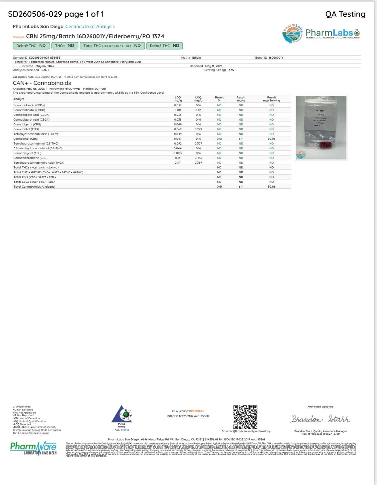 Certificate of Analysis for Charmed Hemp 25mg CBN gummies. 