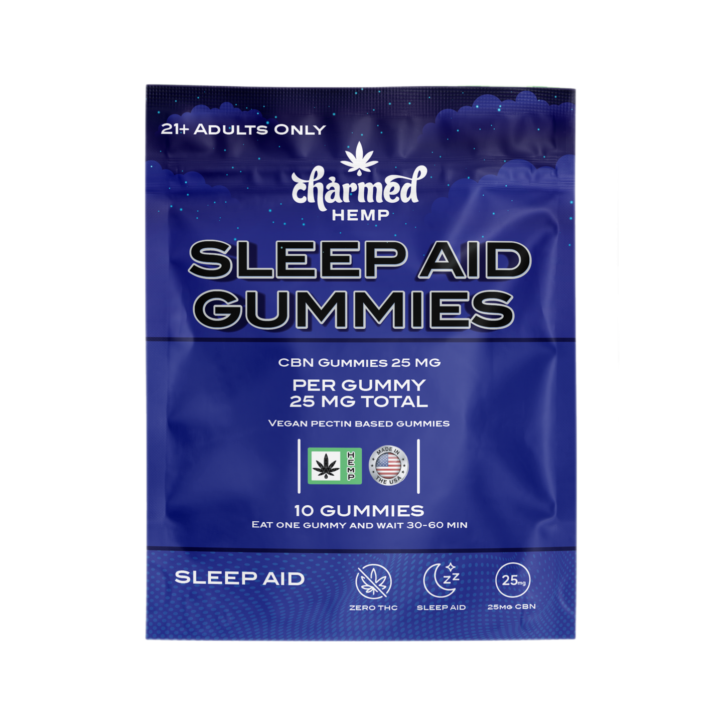 25mg CBN vegan gummies 10 pack in a dark blue nighttime themed packaging from Charmed Hemp