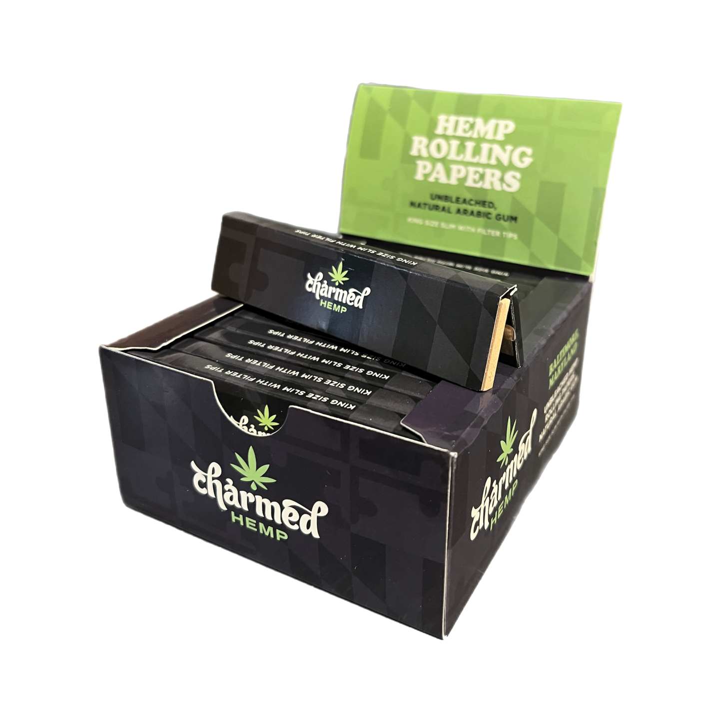 A box of Hemp Rolling Papers by Charmed Hemp, with individual rolling paper packets visible inside the open box. The box is primarily black and green with branding and text.