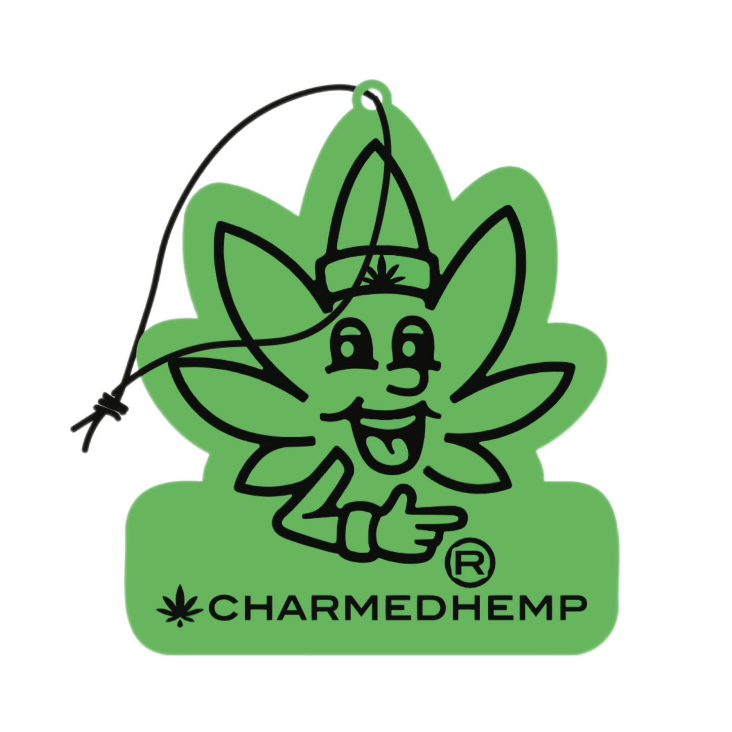 A green cartoon character resembling a cannabis leaf with a hat and mustache, branded with the name 'CHEMPY'.