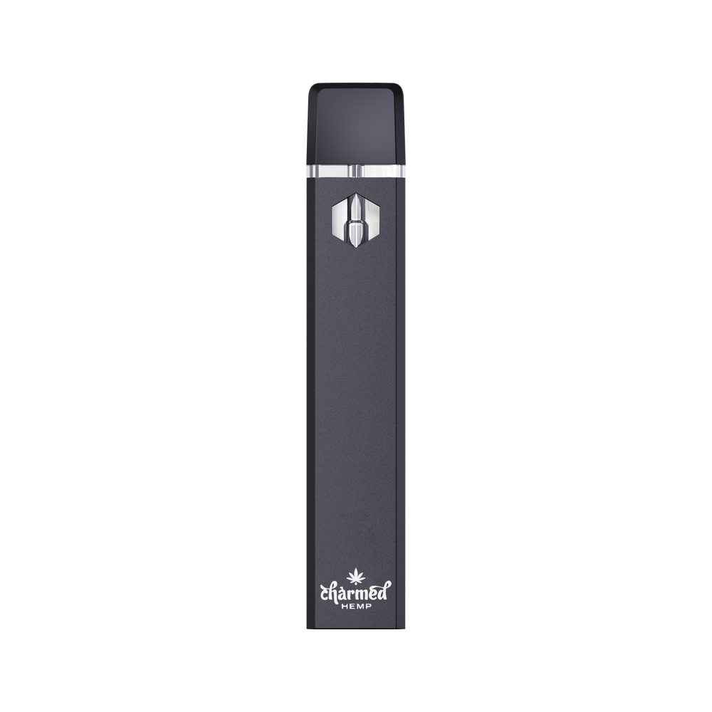 A black Delta 8 THC disposable vape with a white logo and text on the front.