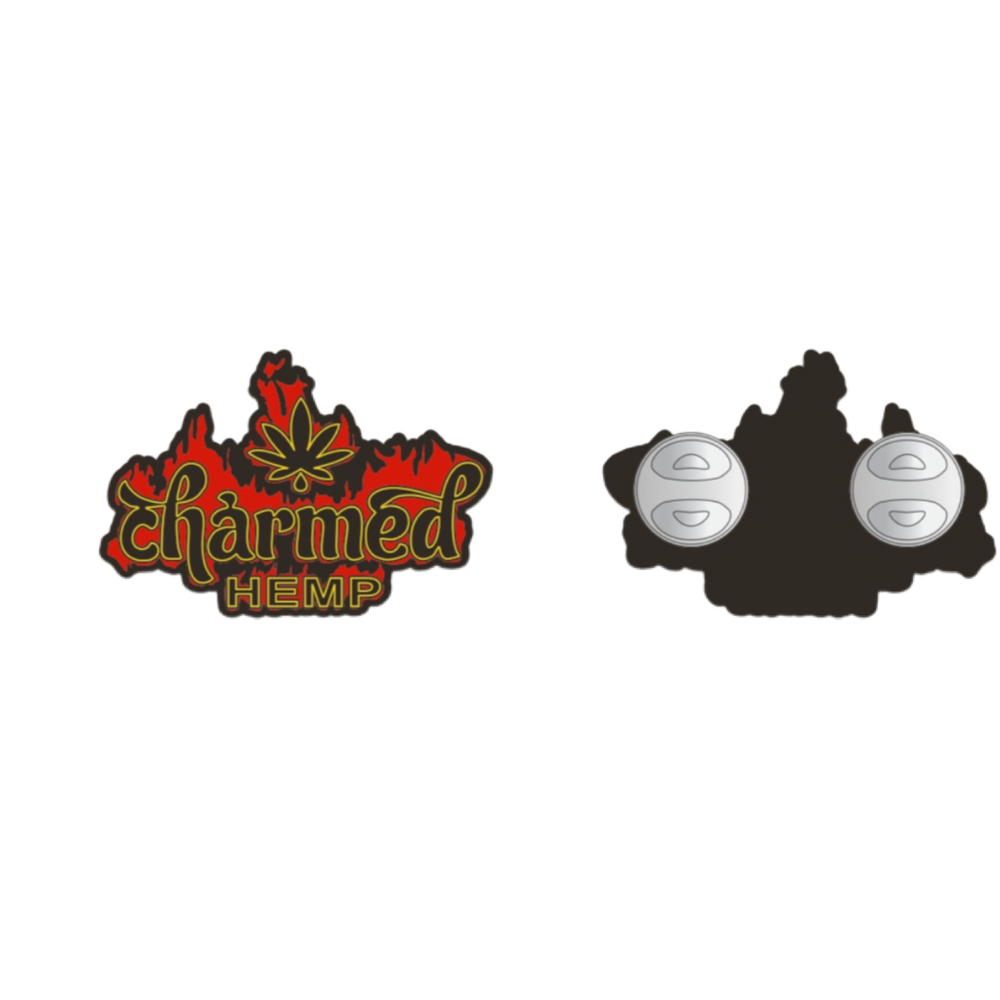 Two pins with designs featuring the word 'CHARMED HEMP' and a flame graphic. One pin has a red and black design with 'CHARMED' in bold letters, and the other has a simple black design with 'HEMP' and a flame symbol.