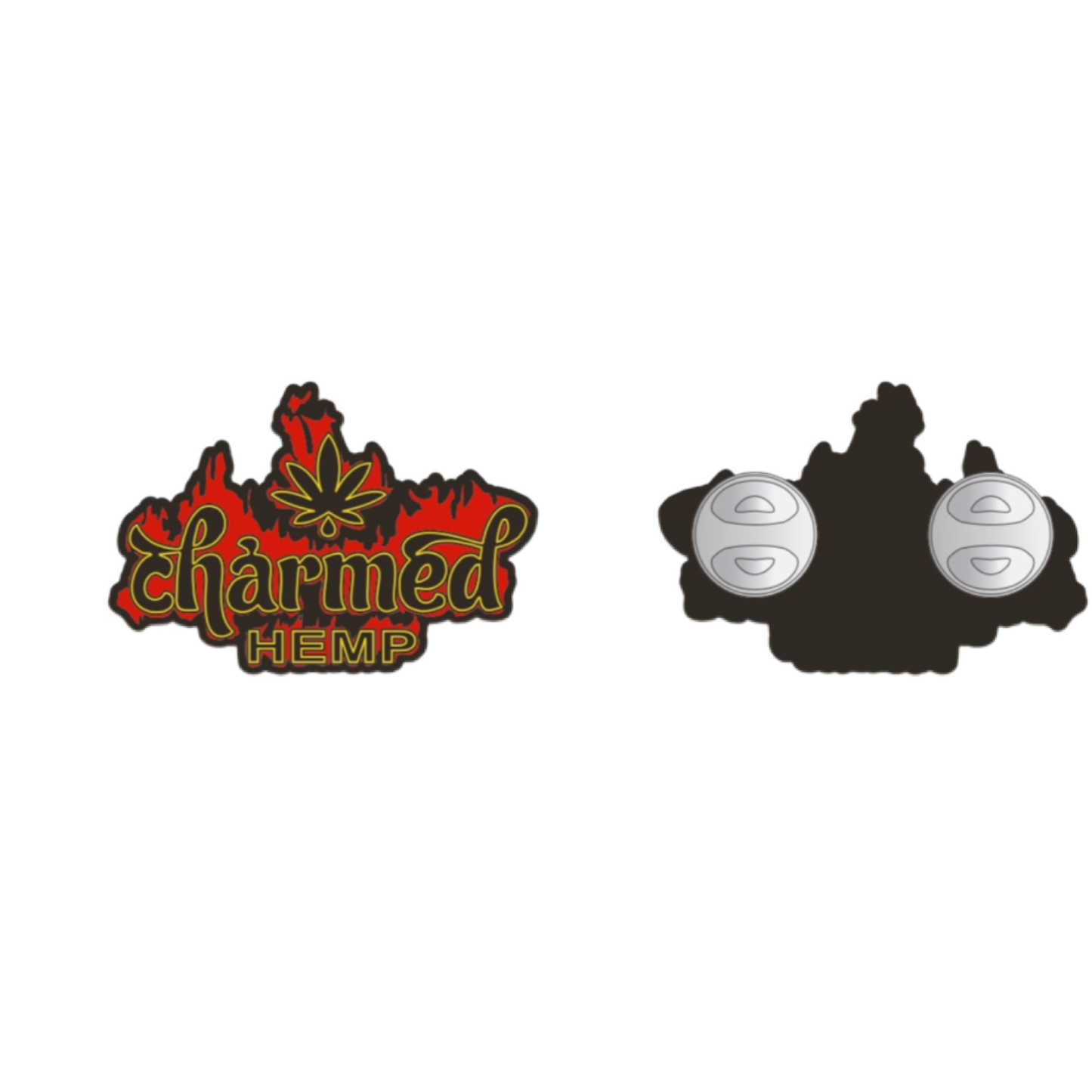 Two pins with designs featuring the word 'CHARMED HEMP' and a flame graphic. One pin has a red and black design with 'CHARMED' in bold letters, and the other has a simple black design with 'HEMP' and a flame symbol.