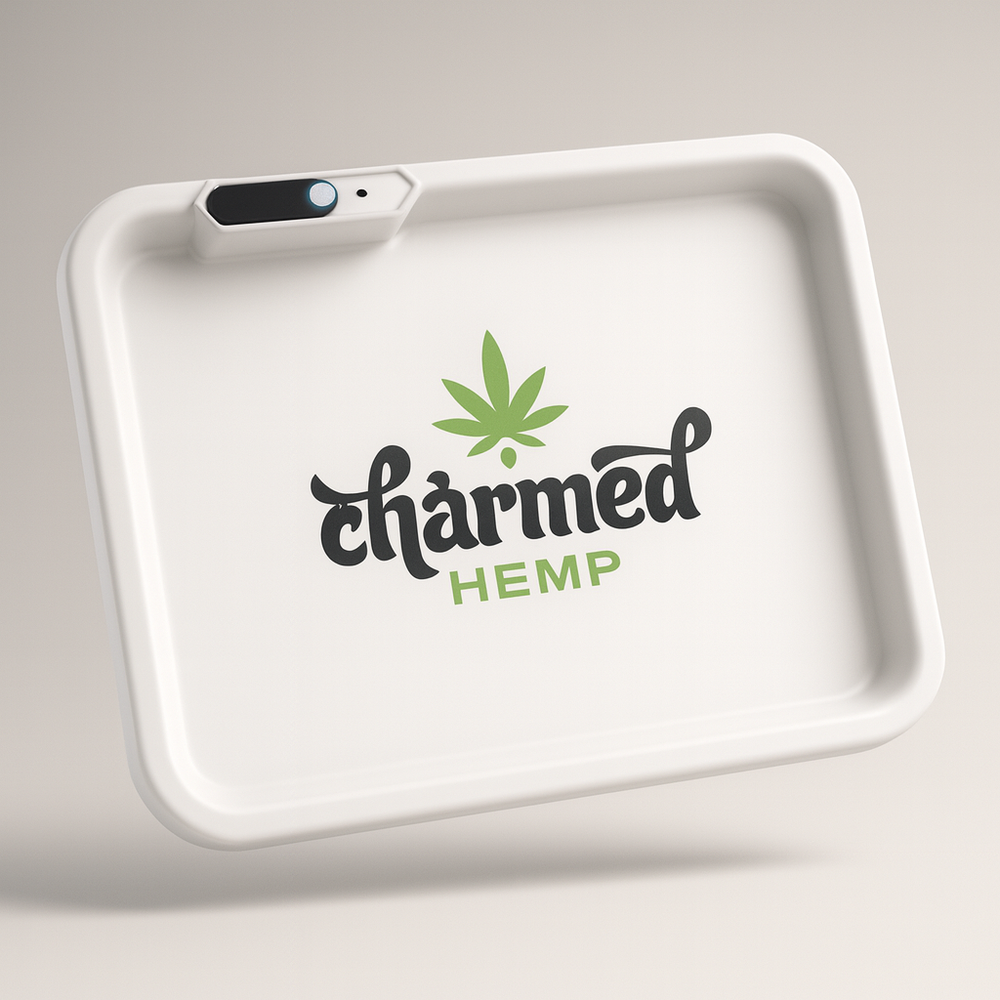 White tray with 'charmed Hemp' logo on a light gray background