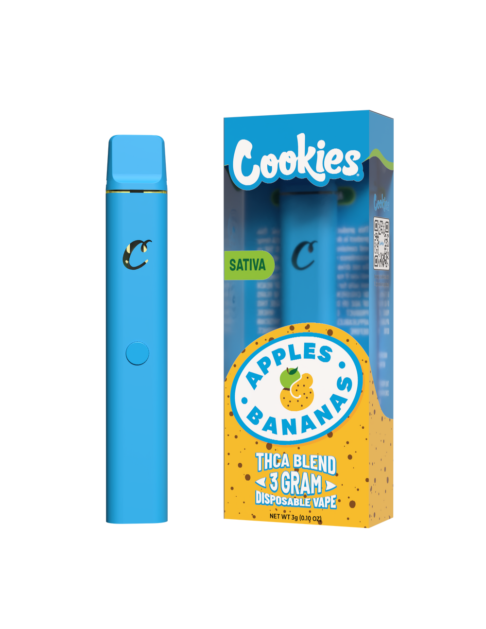 A Cookies brand disposable vape pen in blue color, with packaging that indicates it is a sativa strain with flavors of apples and bananas.