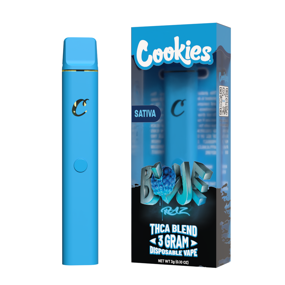 A Cookies brand disposable vape pen in blue color, with packaging displaying the product name and flavor, placed against a white background.