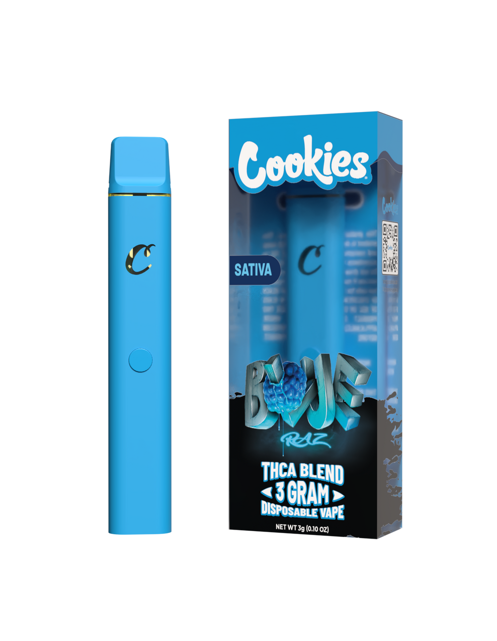 A Cookies brand disposable vape pen in blue color, with packaging displaying the product name and flavor, placed against a white background.