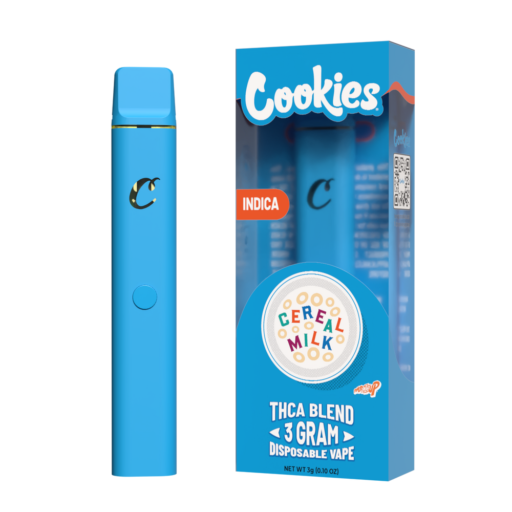 A Cookies brand disposable vape pen in blue color, with packaging displaying 'Cereal Milk' and indicating a thca blend, 3 grams.