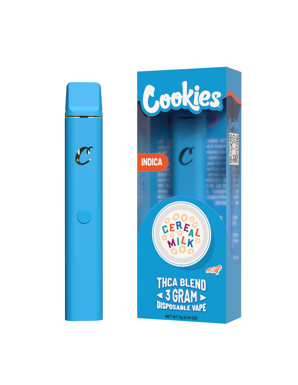 A Cookies brand disposable vape pen in blue color, with packaging displaying 'Cereal Milk' and indicating a thca blend, 3 grams.