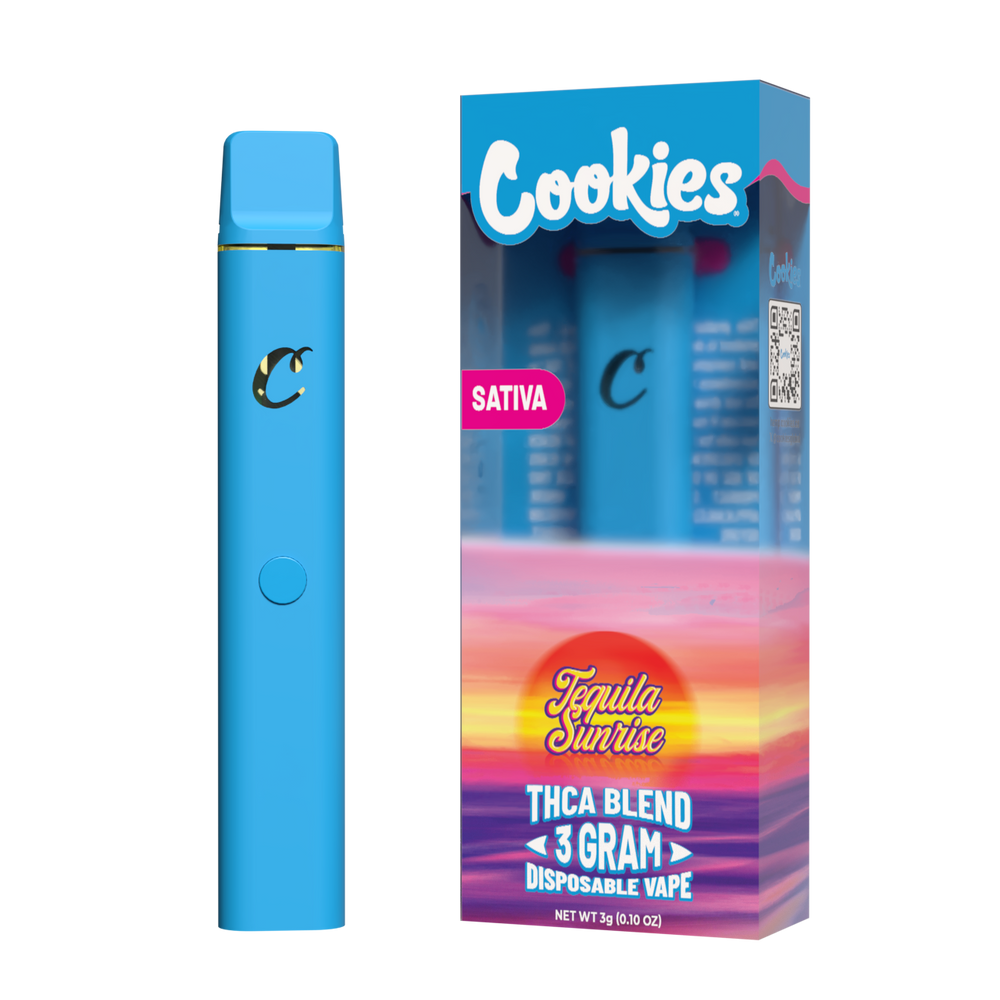 A Cookies brand disposable vape pen in blue color, with packaging that indicates it is a Sativa blend, 3 grams.