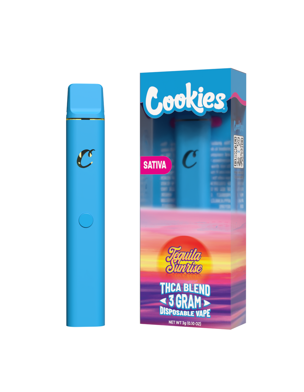A Cookies brand disposable vape pen in blue color, with packaging that indicates it is a Sativa blend, 3 grams.