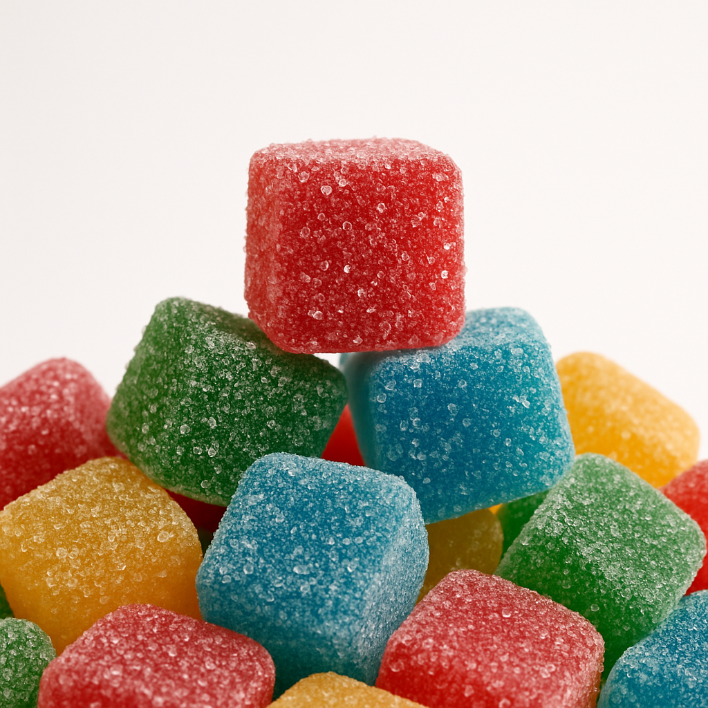 Hemp Derived Colorful gumdrops stacked on a white background