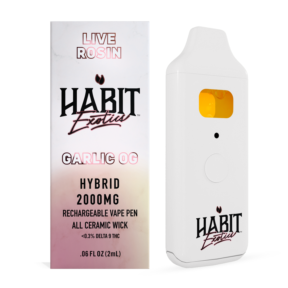 Habit Exotica vape pen packaging with white and pink gradient design on a white background.