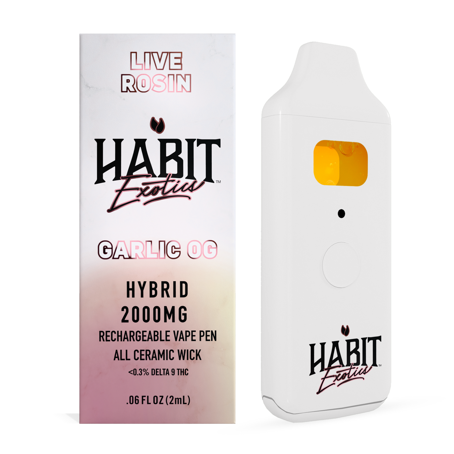 Habit Exotica vape pen packaging with white and pink gradient design on a white background.