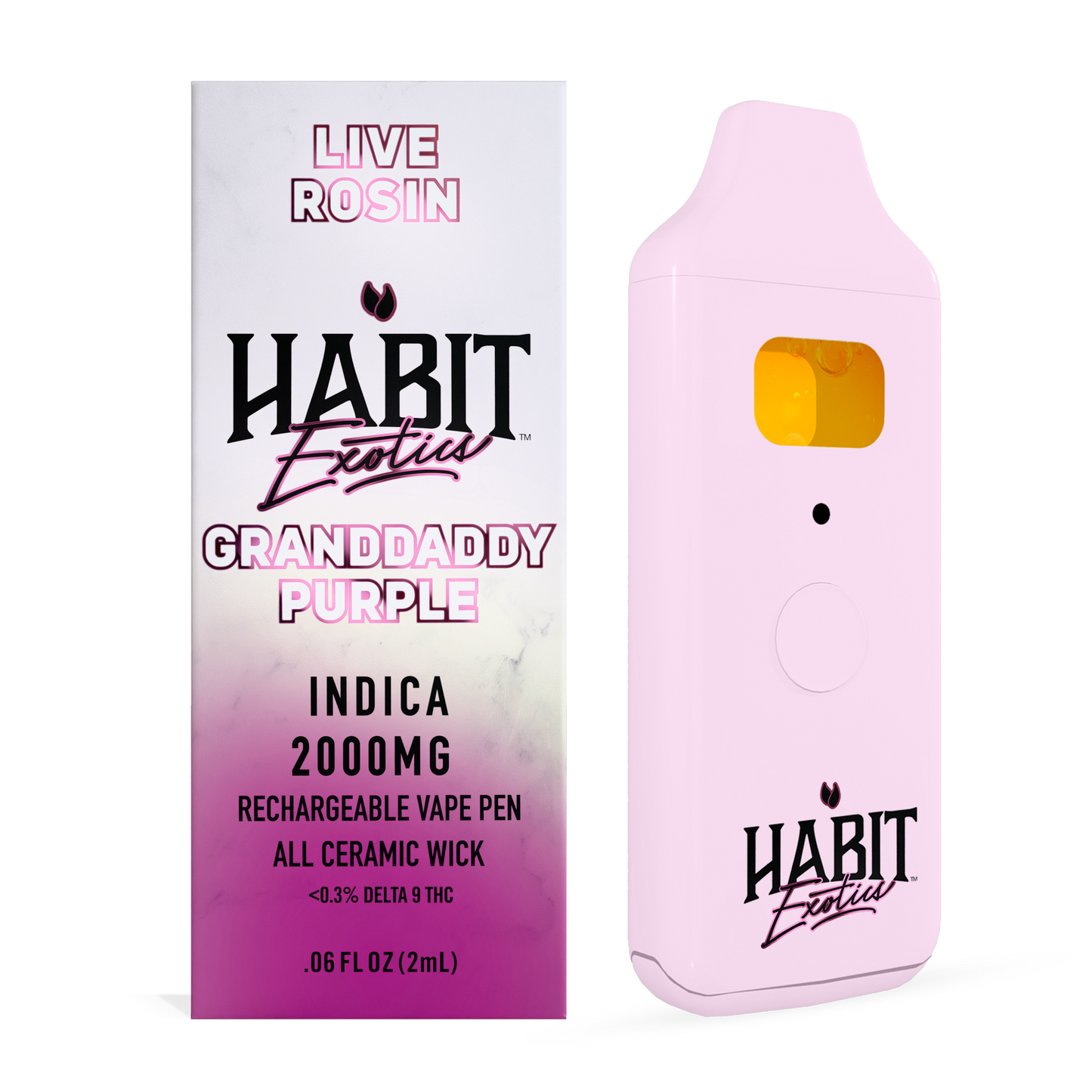Habit Exotica vape pen packaging with pink and white design on a white background