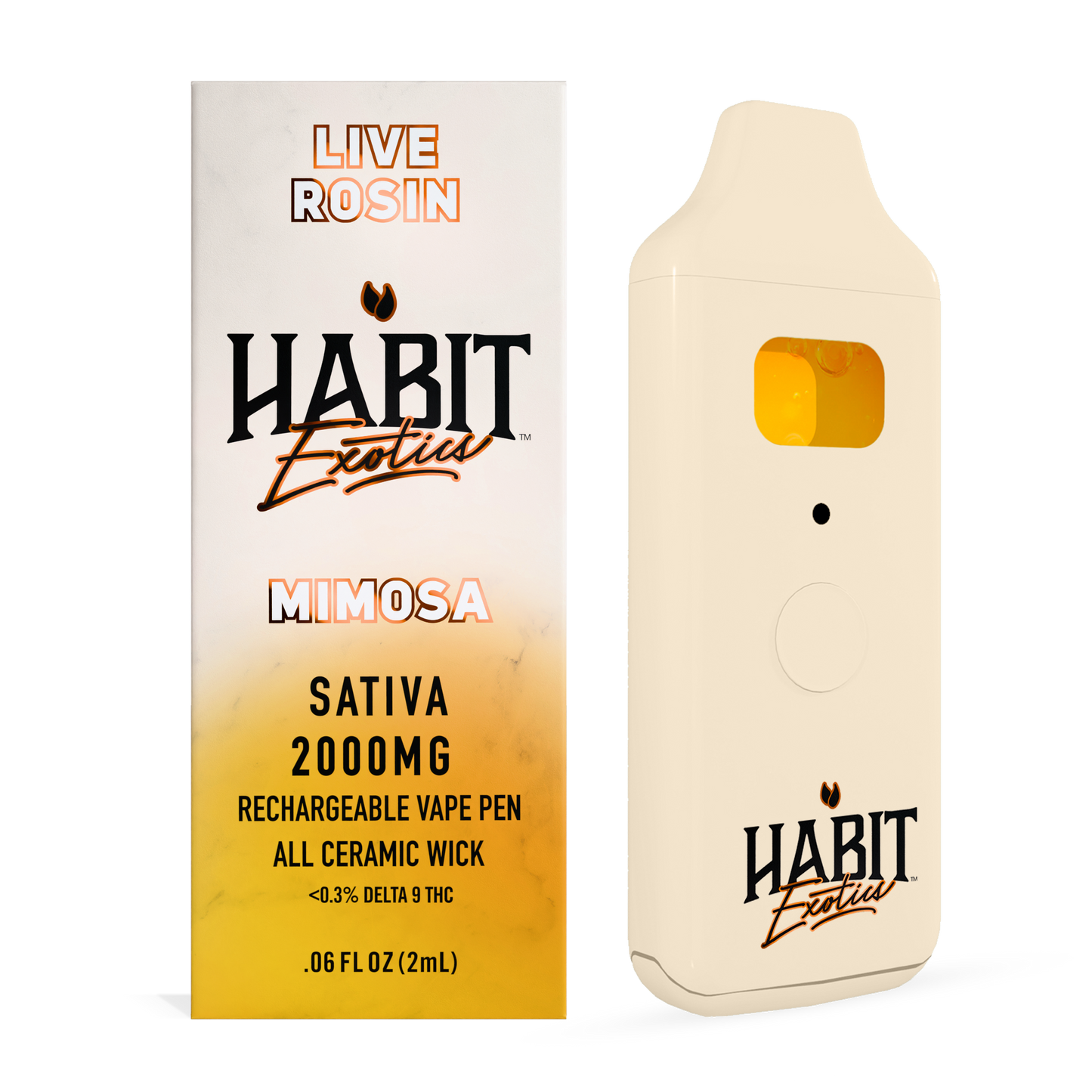Habit Exotica Mimosa vape pen with packaging on a white background