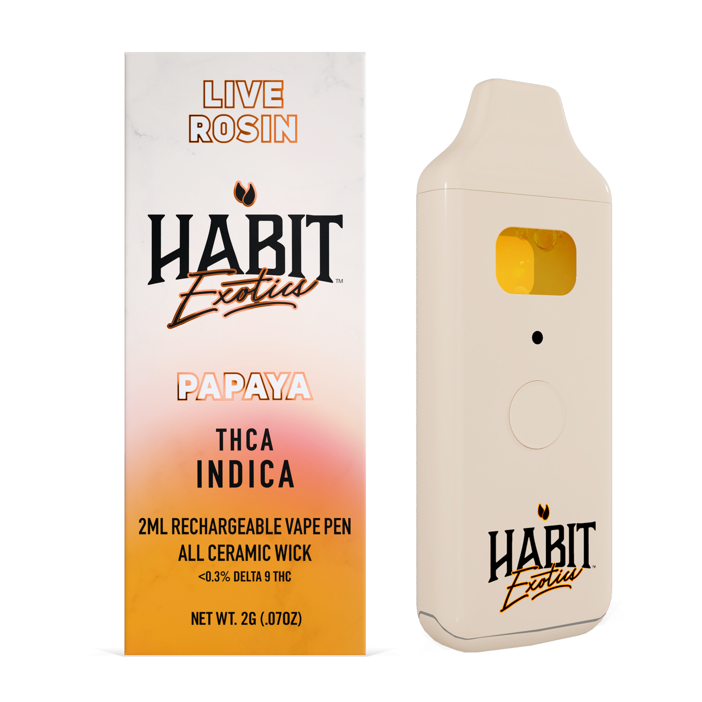 Habit Exotica vape pen and packaging with 'Live Rosin' branding on a white background