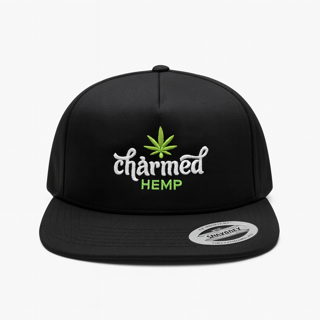 Black cap with 'charmed HEMP' logo on a white background