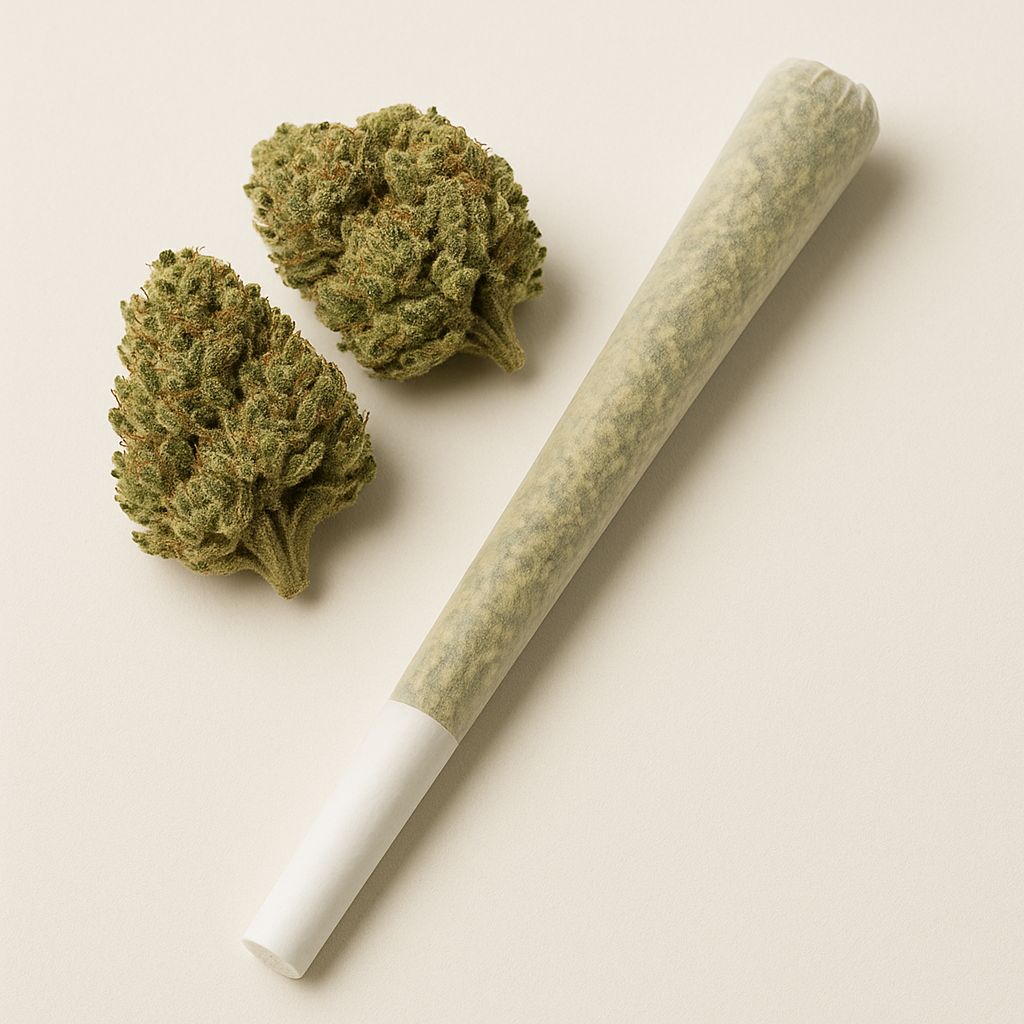 Two dried cannabis buds and a rolled joint on a light beige background